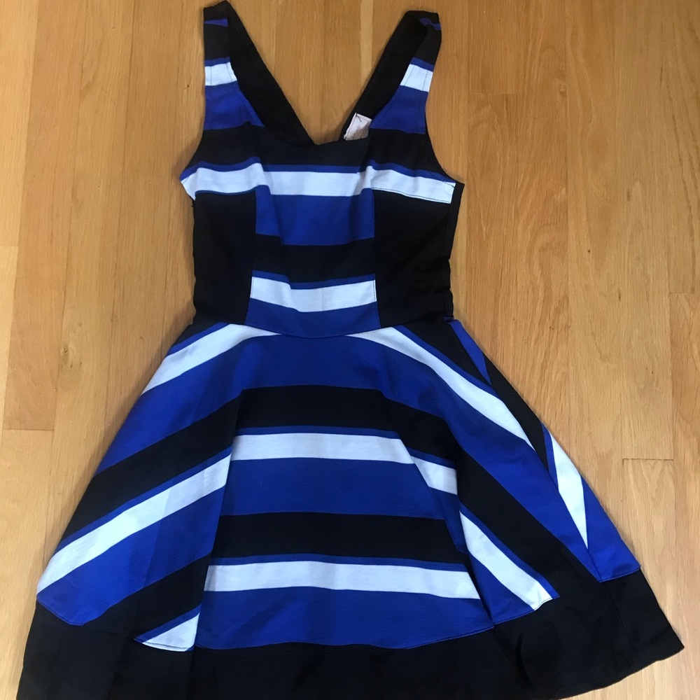 Black, blue, white striped dress.